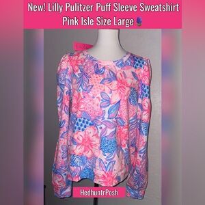 New! Lilly Pulitzer Puff Sleeve Pullover Sweatshirt Top Pink Isle Size Large🪻